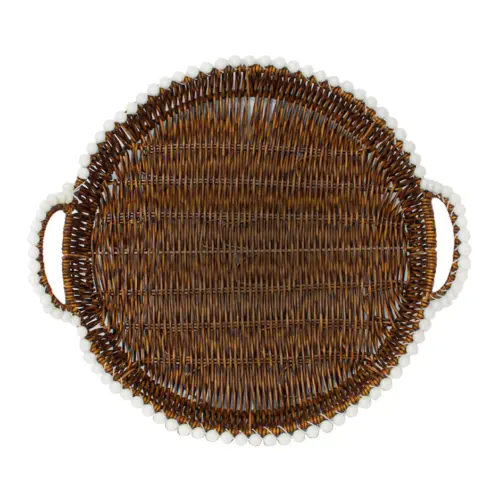 Juego de 3 cestas de plástico café redondas con perlas en las orillas de 30x1x5cm/26x1x8cm/22x1x9cm