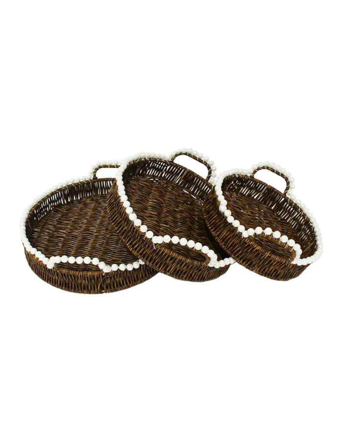 Juego de 3 cestas de plástico café redondas con perlas en las orillas de 30x1x5cm/26x1x8cm/22x1x9cm - Image 3