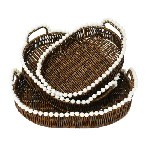 Juego de 3 cestas de plástico café oval con perlas en las orillas de 34.5x26x5cm/30.5x22x8cm/26.5×18