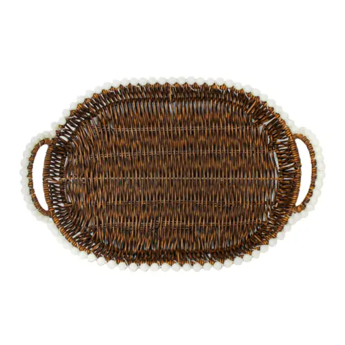 Juego de 3 cestas de plástico café oval con perlas en las orillas de 34.5x26x5cm/30.5x22x8cm/26.5×18