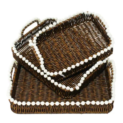 Juego de 3 cestas de plástico café rectangular con perlas en las orillas de 32×25.5x5cm/27.5×21.5x8c