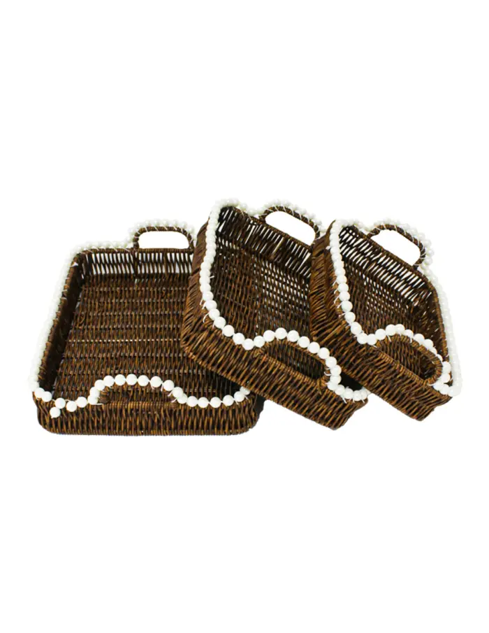 Juego de 3 cestas de plástico café rectangular con perlas en las orillas de 32x25.5x5cm/27.5x21.5x8c - Image 3