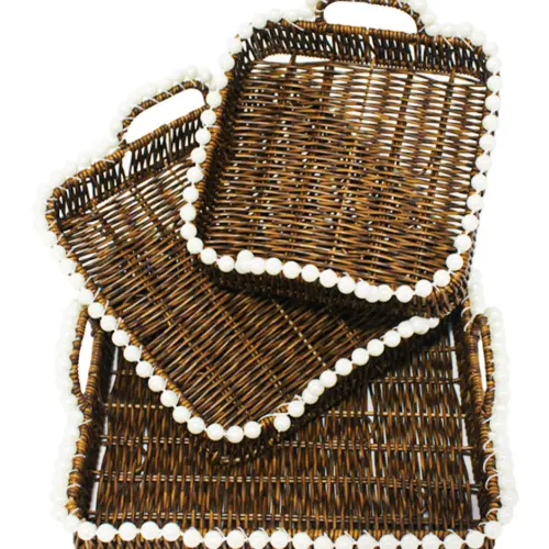 Juego de 3 cestas de plástico café cuadradas con perlas en las orillas de 28x1x5cm/24x1x8/20x1x9cm
