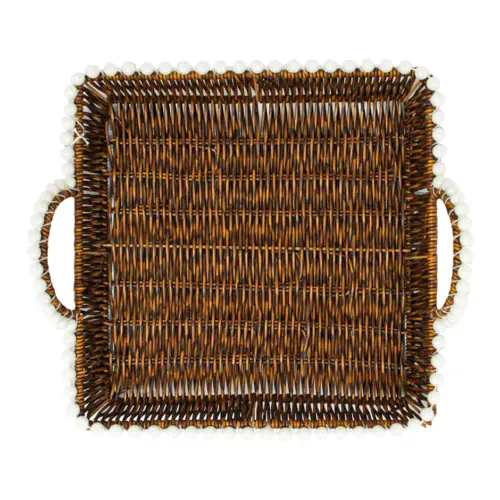 Juego de 3 cestas de plástico café cuadradas con perlas en las orillas de 28x1x5cm/24x1x8/20x1x9cm