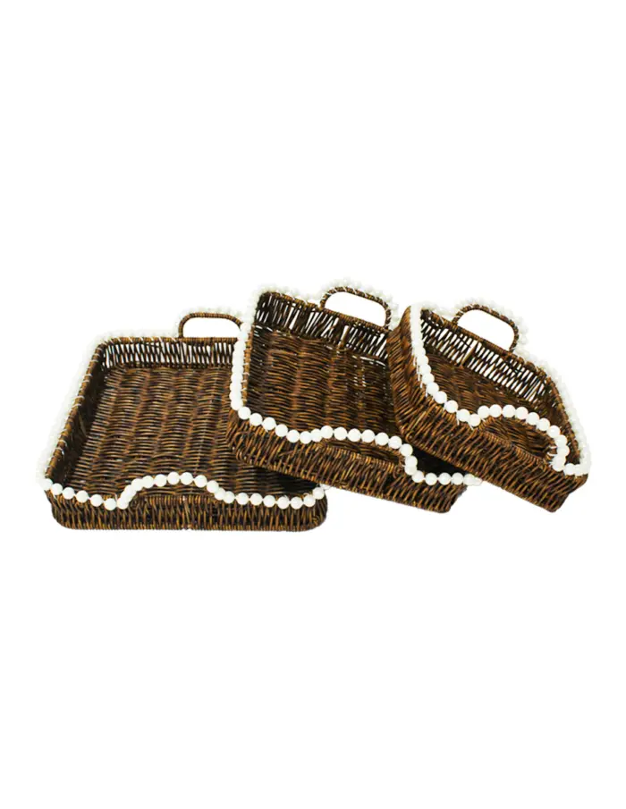 Juego de 3 cestas de plástico café cuadradas con perlas en las orillas de 28x1x5cm/24x1x8/20x1x9cm - Image 3