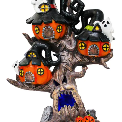 Árbol con calabazas y fantasmas de poliresina de 29×16.5×36.8cm con luz led de 2X1.5V cc 2X300mAh 2X