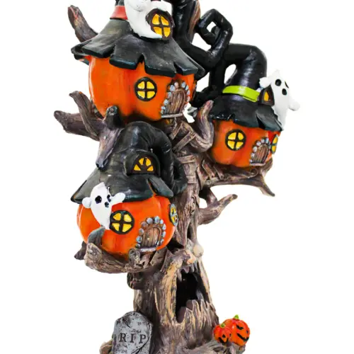 Árbol con calabazas y fantasmas de poliresina de 29×16.5×36.8cm con luz led de 2X1.5V cc 2X300mAh 2X