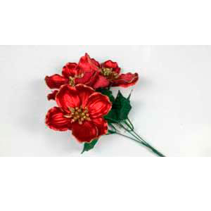 Ramo con 3 magnolias de tela roja metalica con dorado de 38cm