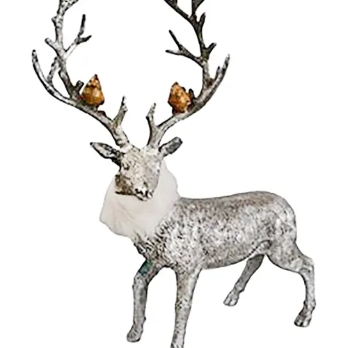 Venado de poliresina plateado con pájaros en los cuernos de 33x11x38cm