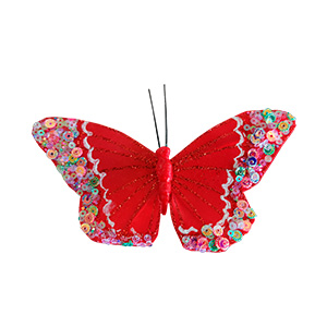 Mariposa roja con lentejuelas de colores y pinza de 7x11x2cm