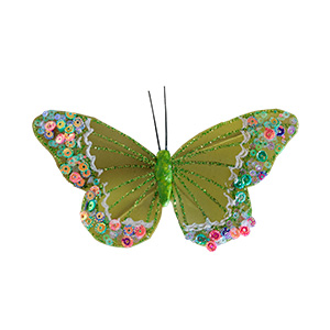 Mariposa verde con lentejuelas de colores y pinza de 7x11x2cm