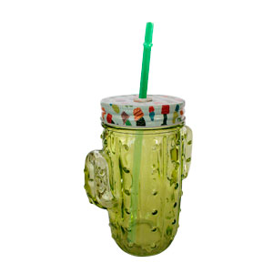 Tarro de cristal diseño cactus con tapa y popote