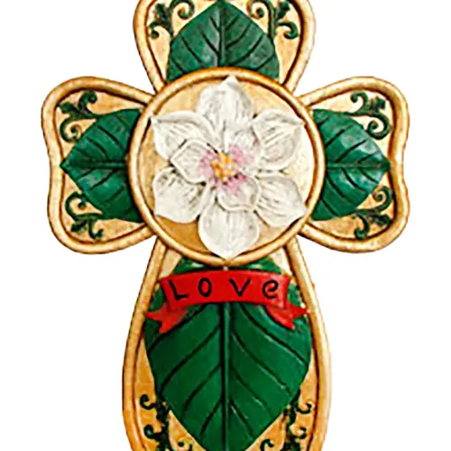 Cruz de resina dorada con hojas verdes y flor blanca de 16x7x21cm