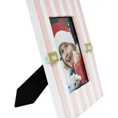 Portarretrato a rayas de poliresina rosa con blanco de 2.3×21.5×26.8cm