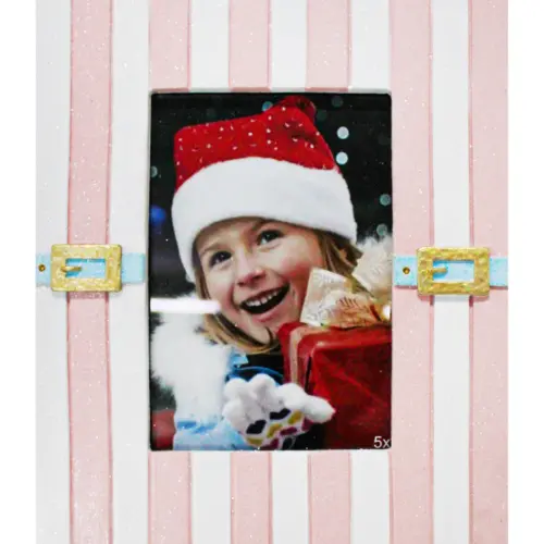 Portarretrato a rayas de poliresina rosa con blanco de 2.3×21.5×26.8cm