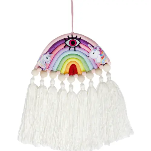 Colgante de pared de macrame diseño multicolor con barbitas de color natural de 28x3x42cm