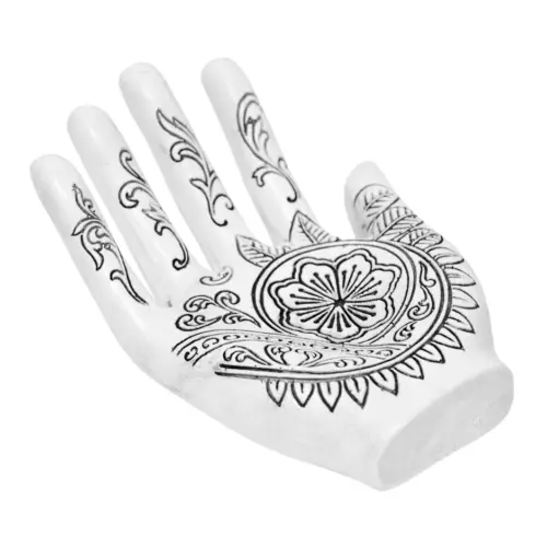 Mano de poliresina blanca con grabado negro de 13×9.5×5.5cm