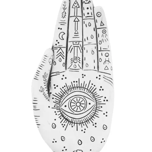 Mano de poliresina diseño amuleto blanco con grabado negro de 20×9.5×2.5cm