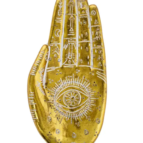 Mano de poliresina diseño amuleto dorado con grabado blanco de 20×9.5×2.5cm