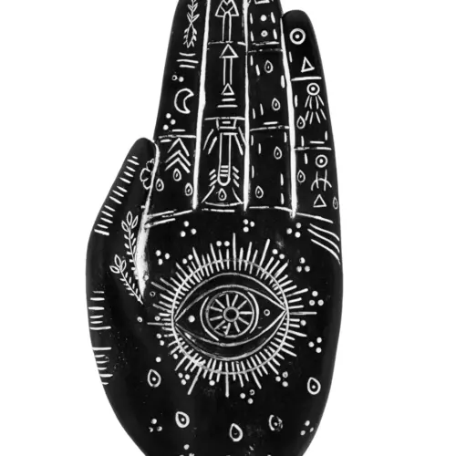 Mano de poliresina diseño amuleto negro con grabado blanco de 20×9.5×2.5cm