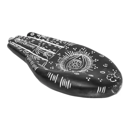 Mano de poliresina diseño amuleto negro con grabado blanco de 20×9.5×2.5cm
