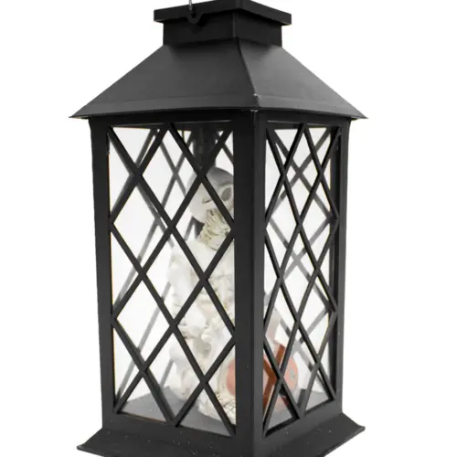 Linterna de plastico con esqueleto y luz (usa baterias AAA) de 14x14x34cm