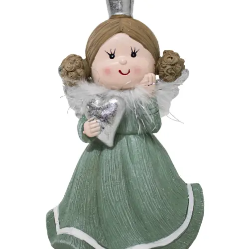 Reina de poliresina con vestido verde y corazon de 11.5x10x19.5cm
