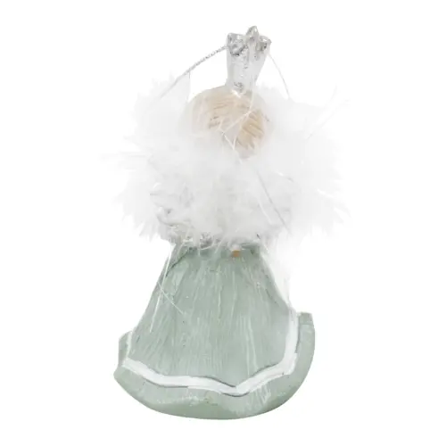 Reina de poliresina verde con corona y plumas blancas de 5.5x5x9.5cm