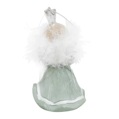 Reina de poliresina verde con corona y plumas blancas de 5.5x5x9.5cm