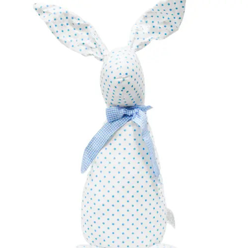 Decoración diseño conejo de tela blanca con puntos azules con moño azul de 10x15x58cm