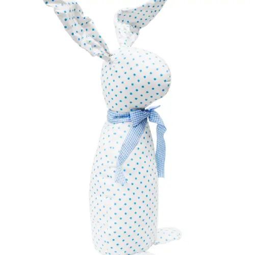 Decoración diseño conejo de tela blanca con puntos azules con moño azul de 10x15x58cm
