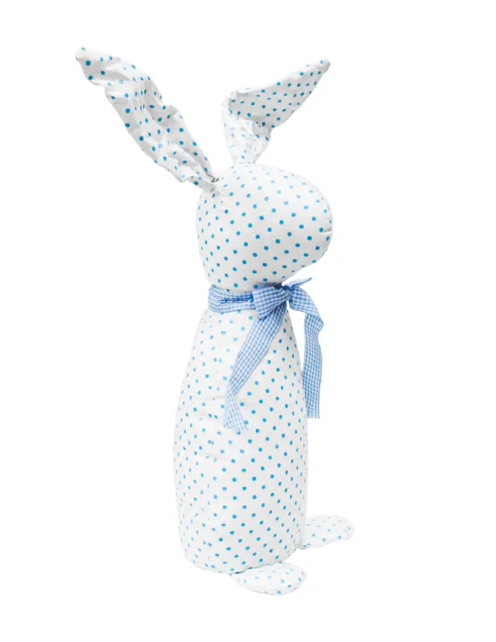 Decoración diseño conejo de tela blanca con puntos azules con moño azul de 10x15x58cm - Image 2