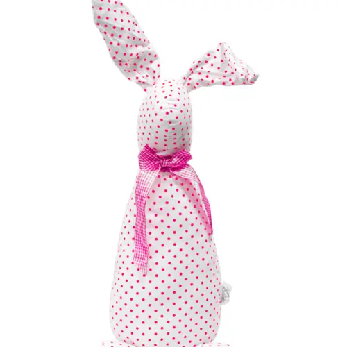 Decoración diseño conejo de tela blanca con puntos rosas con moño de 10x15x58cm