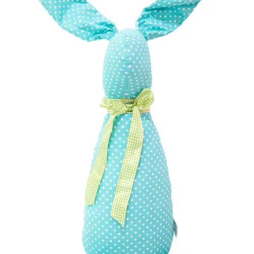 Decoración diseño conejo de tela azul con puntos blancos y moño verde de 10x15x58cm