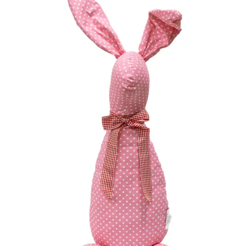Decoración diseño conejo de tela rosa con puntos blancos y moño rojo de 10x15x58cm