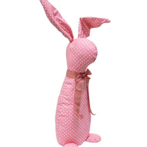 Decoración diseño conejo de tela rosa con puntos blancos y moño rojo de 10x15x58cm