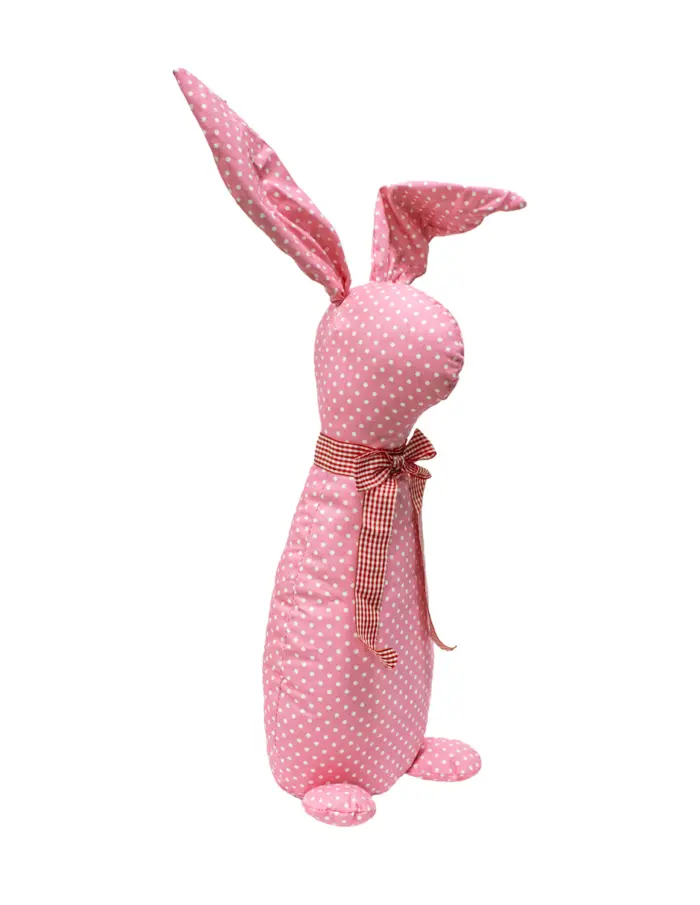 Decoración diseño conejo de tela rosa con puntos blancos y moño rojo de 10x15x58cm - Image 2