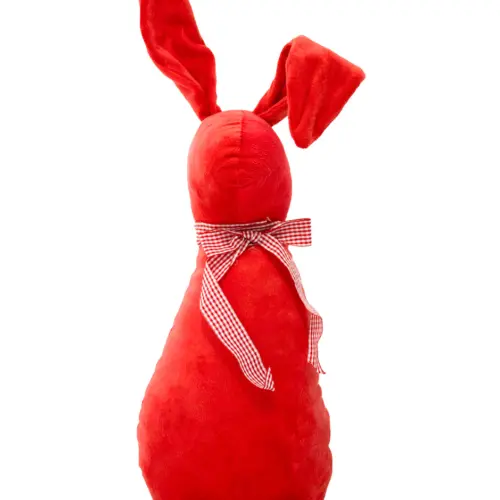 Decoración diseño conejo de tela naranja liso con moño rojo con puntos de 10x15x58cm