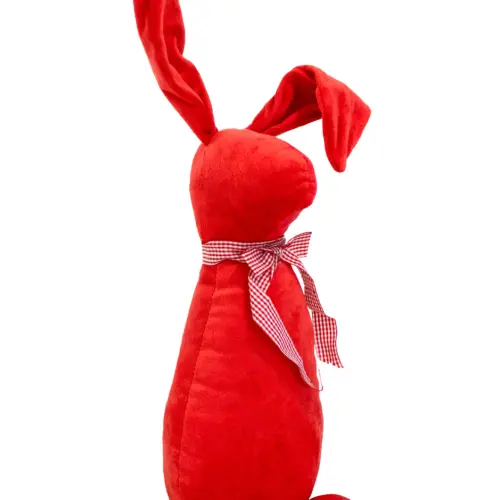 Decoración diseño conejo de tela naranja liso con moño rojo con puntos de 10x15x58cm