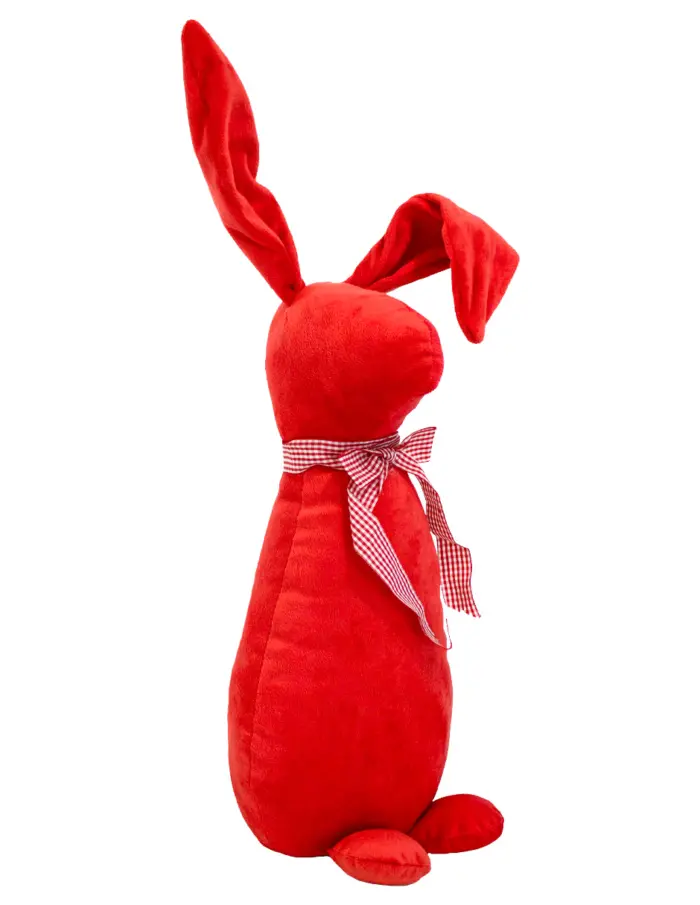 Decoración diseño conejo de tela naranja liso con moño rojo con puntos de 10x15x58cm - Image 2