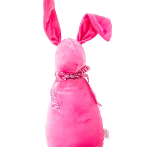 Decoración diseño conejo de tela rosa liso con moño rojo con puntos de 10x15x58cm