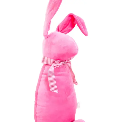 Decoración diseño conejo de tela rosa liso con moño rojo con puntos de 10x15x58cm
