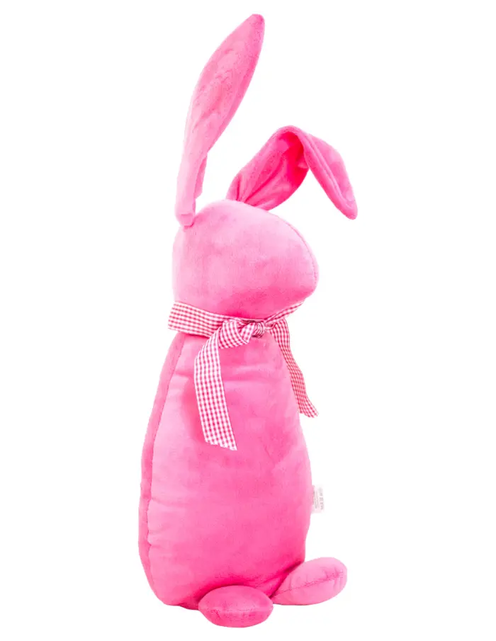 Decoración diseño conejo de tela rosa liso con moño rojo con puntos de 10x15x58cm - Image 2