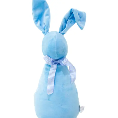 Decoración diseño conejo de tela azul claro liso con moño azul con puntos de 10x15x58cm
