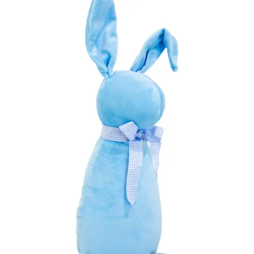 Decoración diseño conejo de tela azul claro liso con moño azul con puntos de 10x15x58cm