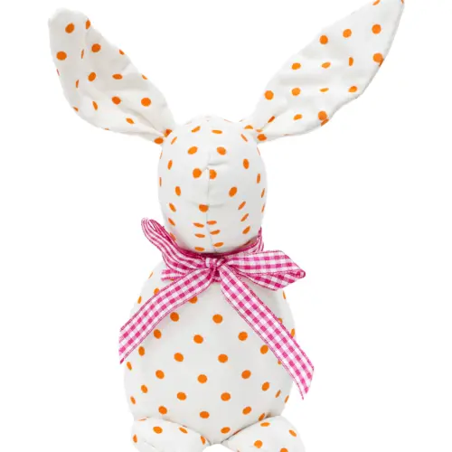 Decoración diseño conejo de tela blanca con puntos naranjas con moño de 4.5×6.5x21cm