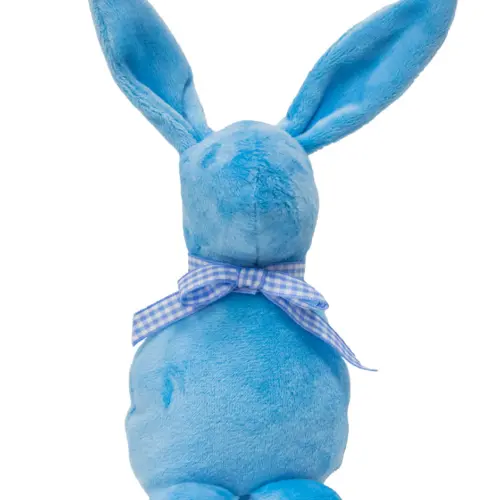 Decoración diseño conejo de tela azul claro liso con moño azul con puntos de 4.5×6.5x21cm