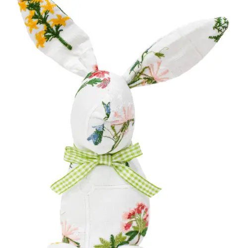 Decoración diseño conejo blanco con detalles de flores con moño verde de 4.5×6.5x21cm