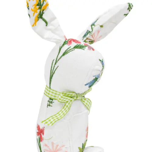 Decoración diseño conejo blanco con detalles de flores con moño verde de 4.5×6.5x21cm