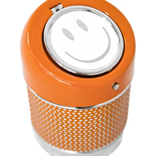 Cenicero redondo naranja con tapa de carita feliz de 7×9.5cm